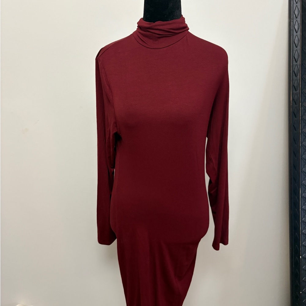 chic Wine Red Turtleneck Long Sleeve Dress